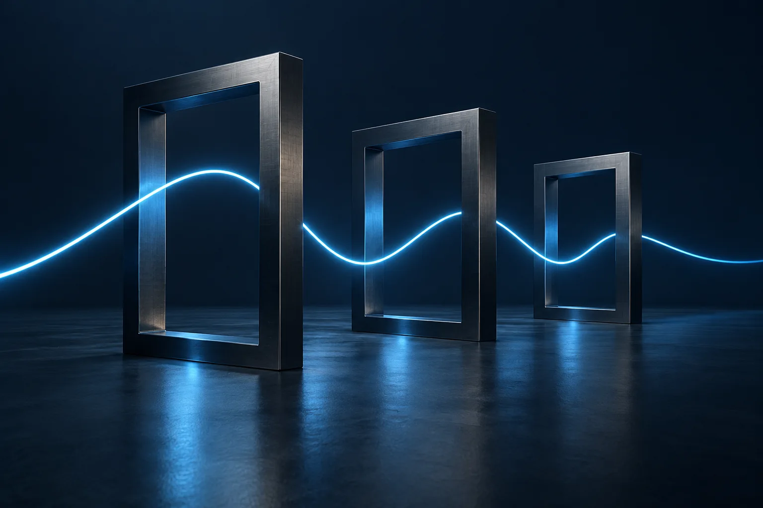 A cyan pulse passing through three structural frames, a visual metaphor for AI moving within clear boundaries.